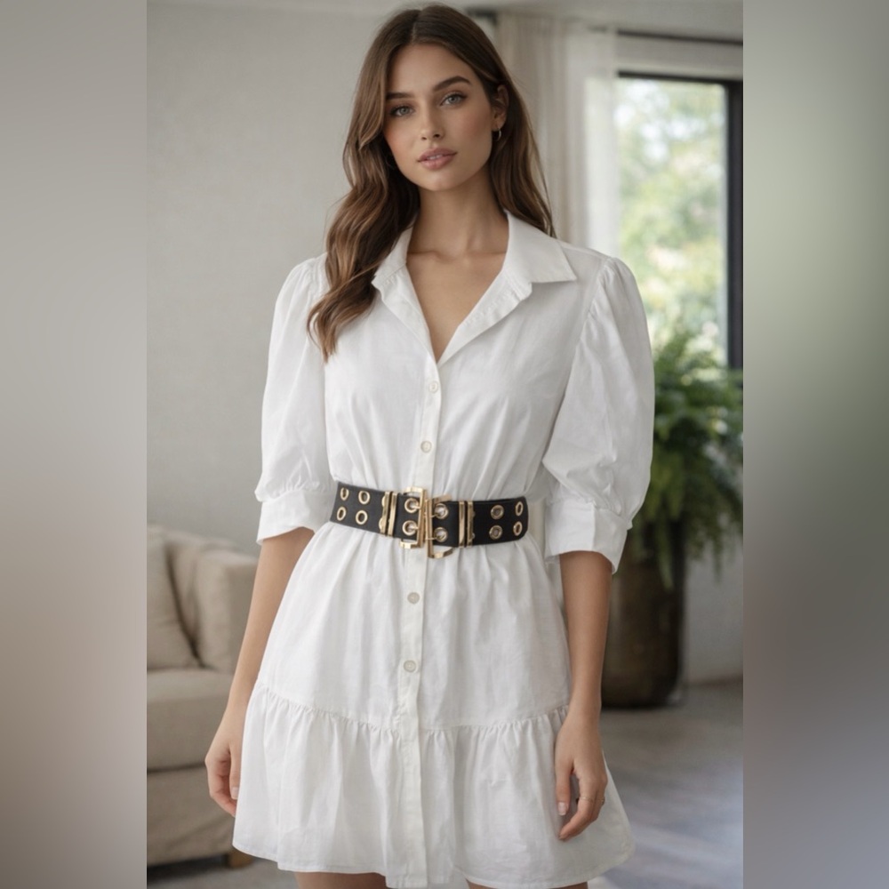 White Cotton Dress with Black Belt
